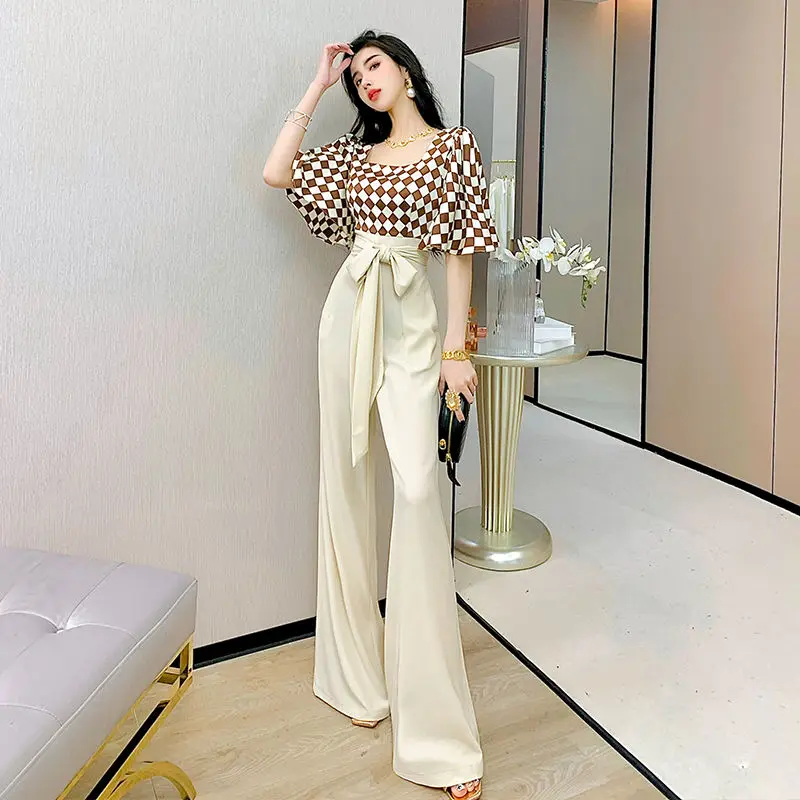 

Women 2022 Summer New Plaid Square Collar Jumpsuit Female Wide Leg Pants Jumpsuit Ladies Short Sleeve Patchwork Rompers U207