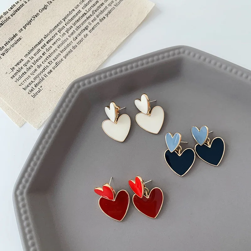 

Minimalist Enamel Layed Heart Earrings for Women Girl Metal Red Blue White Love Heart Hanging Drop Earrings Statement Jewelry