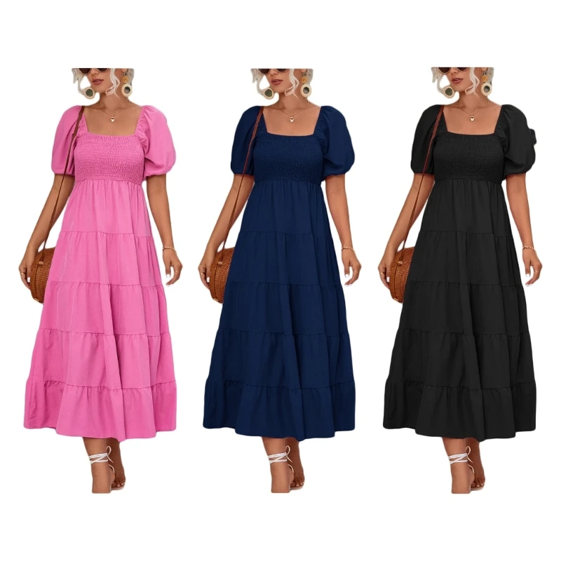 

Womens Puff Short Sleeve Square Neck Smocked Midi Long Dress Solid Color Shirred Tiered Ruffle Hem A-Line Flowy Dresses Y1QD