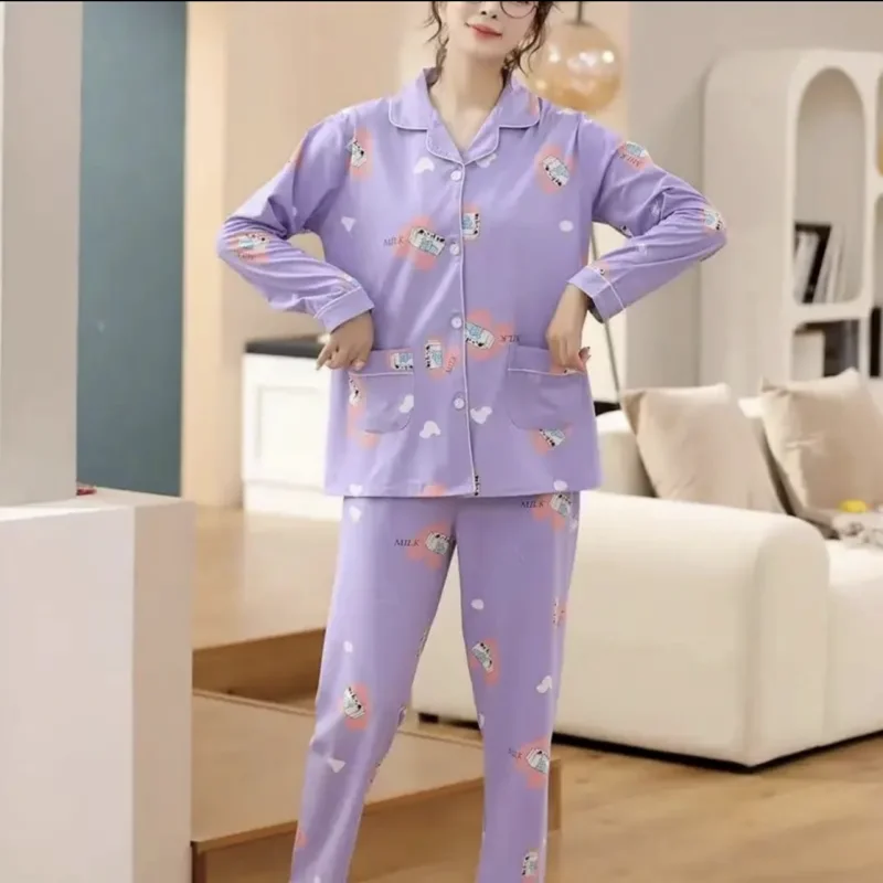 1 Pajama Woman 2023 Spring/Summer 2023 Big Lapel Milk Carton Print, Cardigan Pajama Two Piece Set Loose Loungewear Long Style
