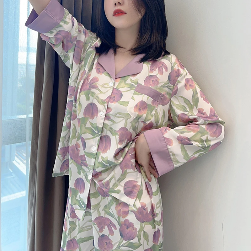 Spring and autumn simulation silk ice silk pajamas ladies tulip long-sleeved cardigan spring and summer home wear set