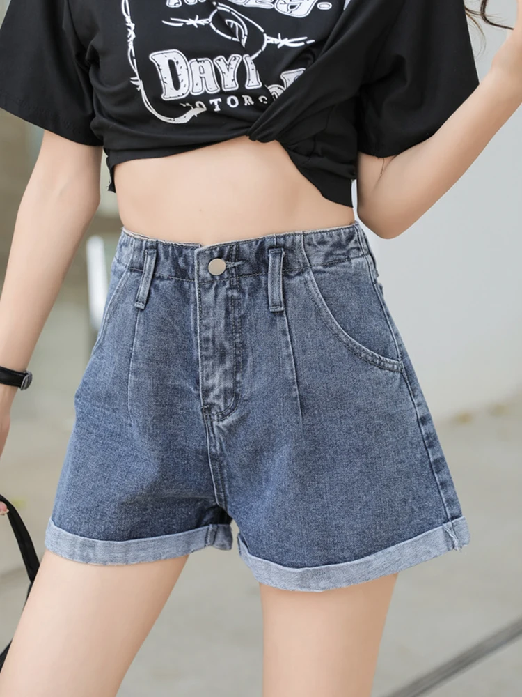 Women Vintage Loose High Waist Denim Shorts Spring Summer Female Streetwear Button Wide Leg Jeans Shorts Bottoms