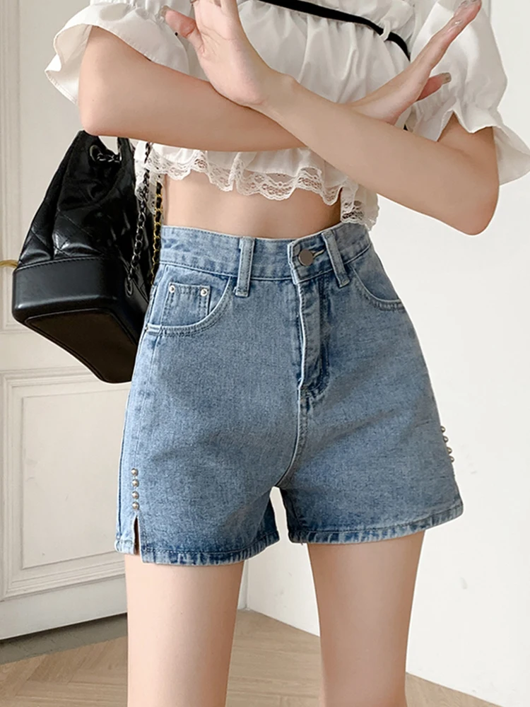Spring Summer Women High Waist Wide Leg Retro Blue Denim Shorts Streetwear Female Button Rivet Jeans Shorts Bottoms