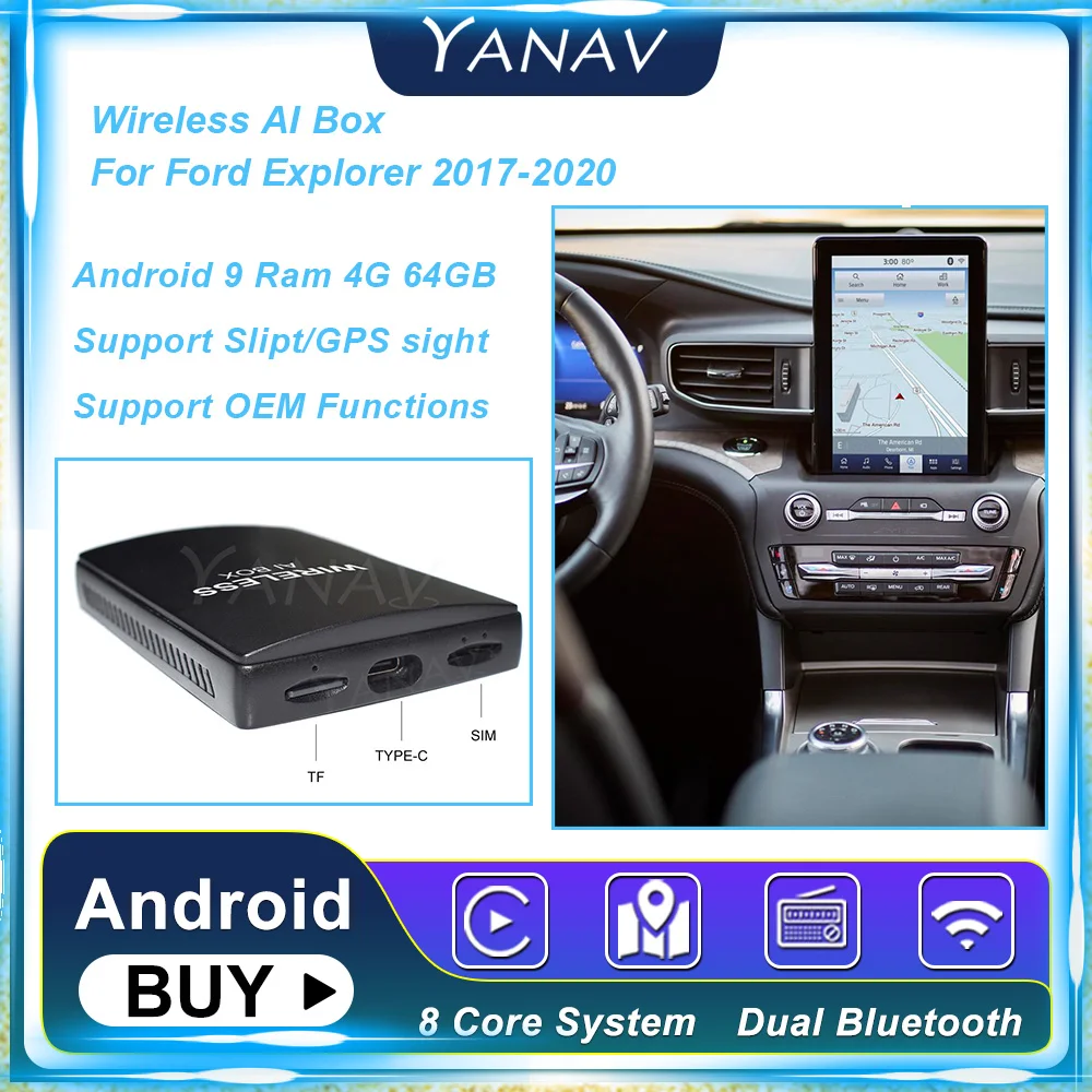 

Проигрыватель с Android 9 4G 64GB беспроводной Ai Box для Ford Explorer 2017-2020 Android Auto Smart Box Plug and Play AI Adapter Box