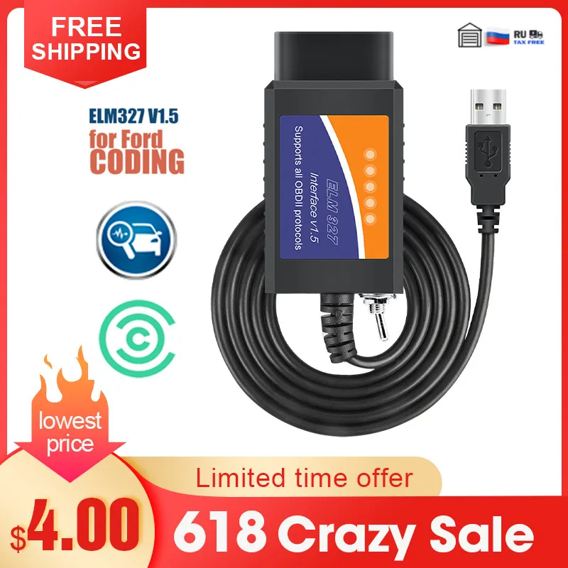 OBDMONSTER ELM327 V1.5 с HS / MS CAN переключатель для сканера OBD2 USB-адаптер кодирования Ford чипом