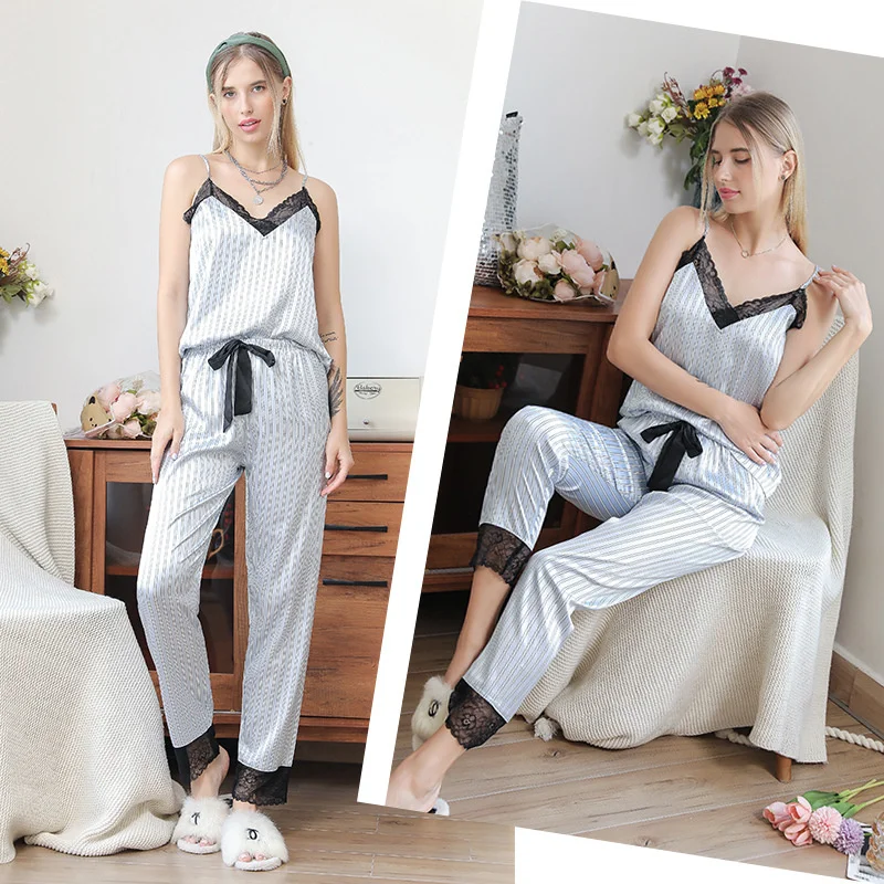 

Two Piece Pajamas women's V-neck thin imitation silk suspender pants leisure and comfortable home clothes set