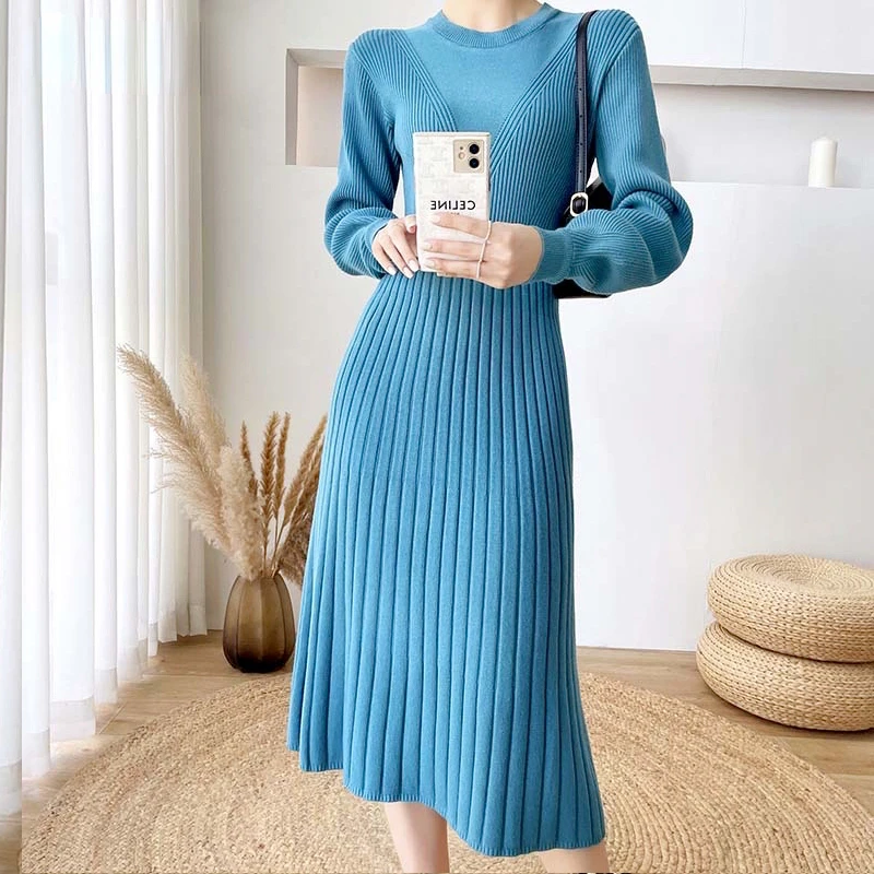 

Шикарное женское трикотажное платье-трапеция, Осень-зима 2022, женское эластичное платье-свитер с длинным рукавом и приталенной талией, женск...