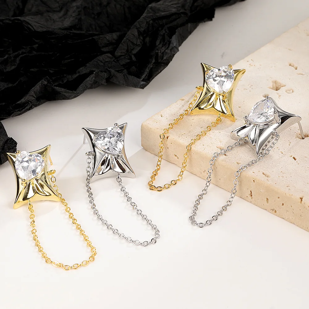 Loving Heart Zircon Ear Clip Earrings for Women Niche Design High Class Elegant Personality Chain Earrings