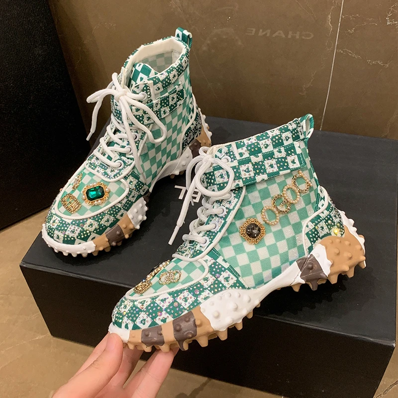 

Женские туфли Новинка весна-осень стразы женские кроссовки дышащая обувь с высоким верхом на шнуровке Повседневная обувь для папы ботинки