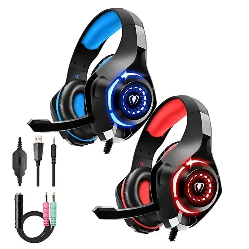 

Wired Over Ear Headphones With Microphone Game Head Phones Lightweight Headphone With 2.1M Cord LED Lights For Computers