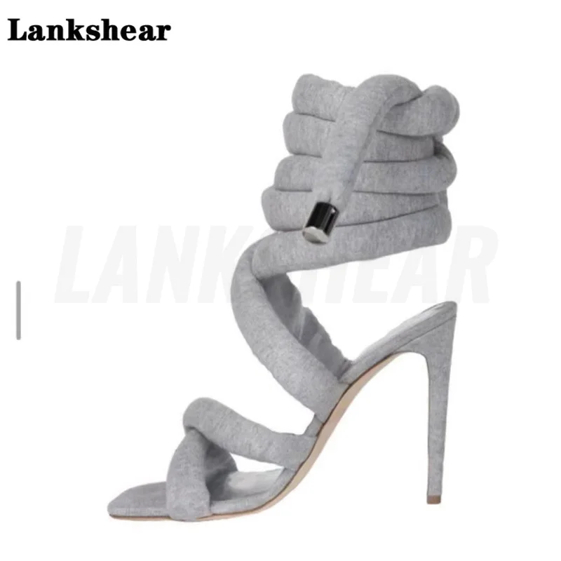 Grey Ring with Super High Heel Cross Strap Sandals Square Toe Stiletto Women's Sandals Foot Fashion Catwalk Sandals Women