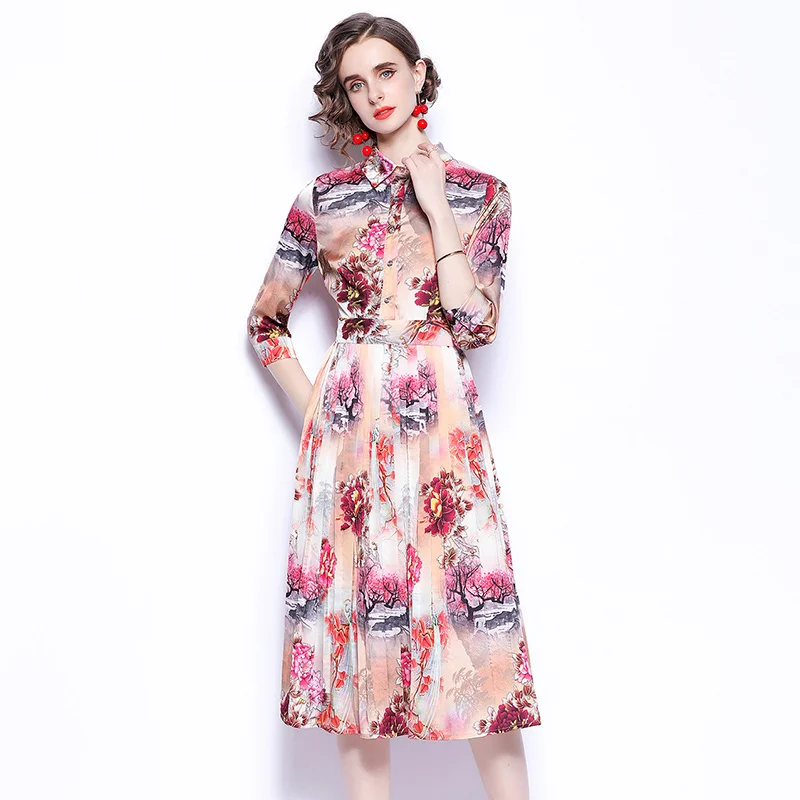 

Women Summer Elegant Casual Print Shirt Dress Long Midi Cocktail Party Robe Femme Vintage Designer Vestidos