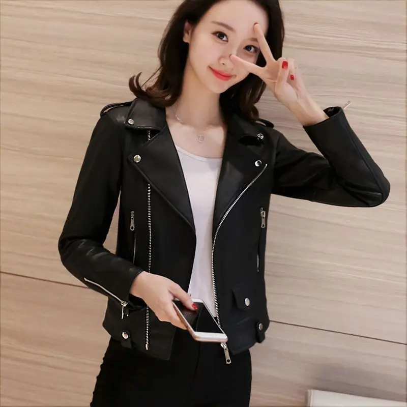 

S-2XL Womens Faux Pu Leather Jacket Autumn Female Coat Turn-down Collar Zipper Slim Short Tidal Current Ladies Outerwear Hw42