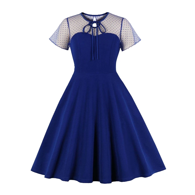 

1950s Swing Women Summer Robe Pocket Side Solid Elegant Dress Bow Tie Neck Mesh Short Sleeve A Line Vintage Swing Dresses