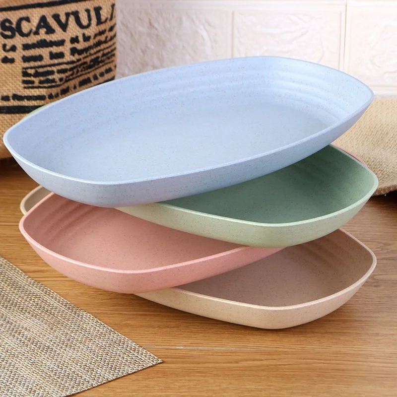 

4pcs/Set Wheat Straw Plate Set Dishes Oval Unbreakable Lightweight Dessert Dinner Plates Microwave Safe Kids Adult Salad Pasta