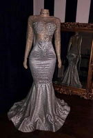 sexy mermaid prom dress long sleeve sheer o neck floor length sparkly sequined black girls evening gowns