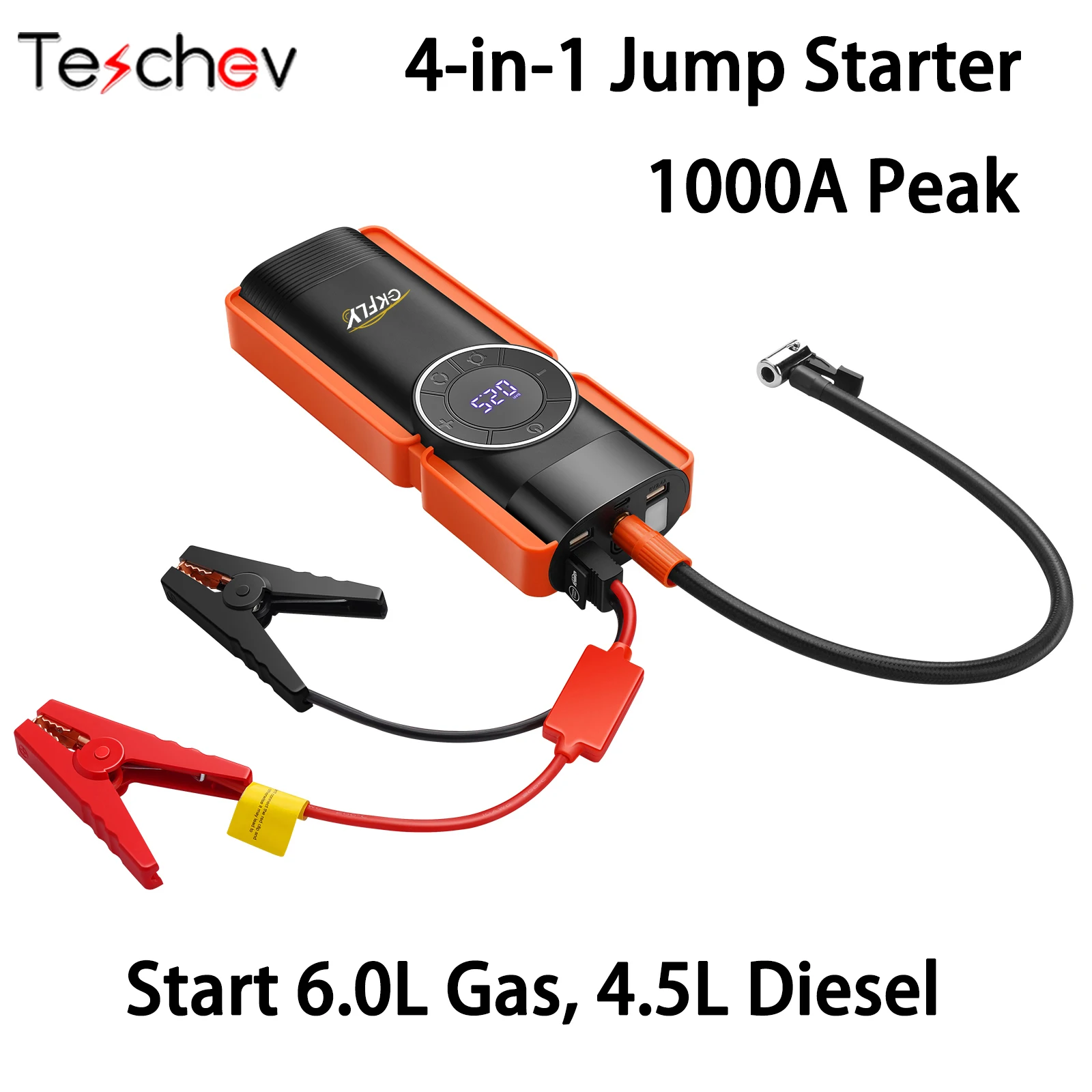 GKFLY 4 In 1 Car Jump Starter Air Compressor Inflator Pump 1000A Portable Power Bank Car Battery Charger Booster Starting Device