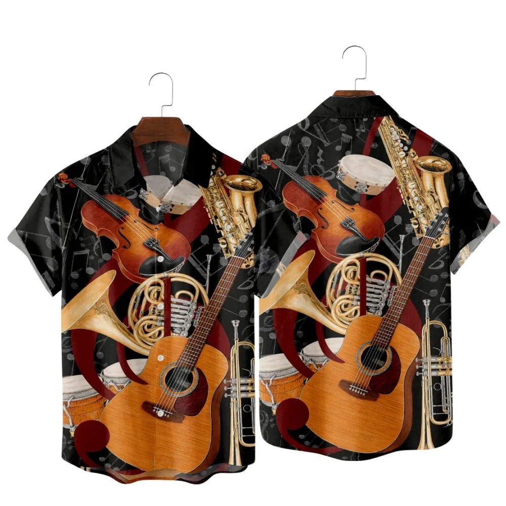 

2022 Fashion Casual Hawaiian Beach Shirt, Jazz Instrument Vintage Print, Summer Cuban Collar Shirt for Men and Women
