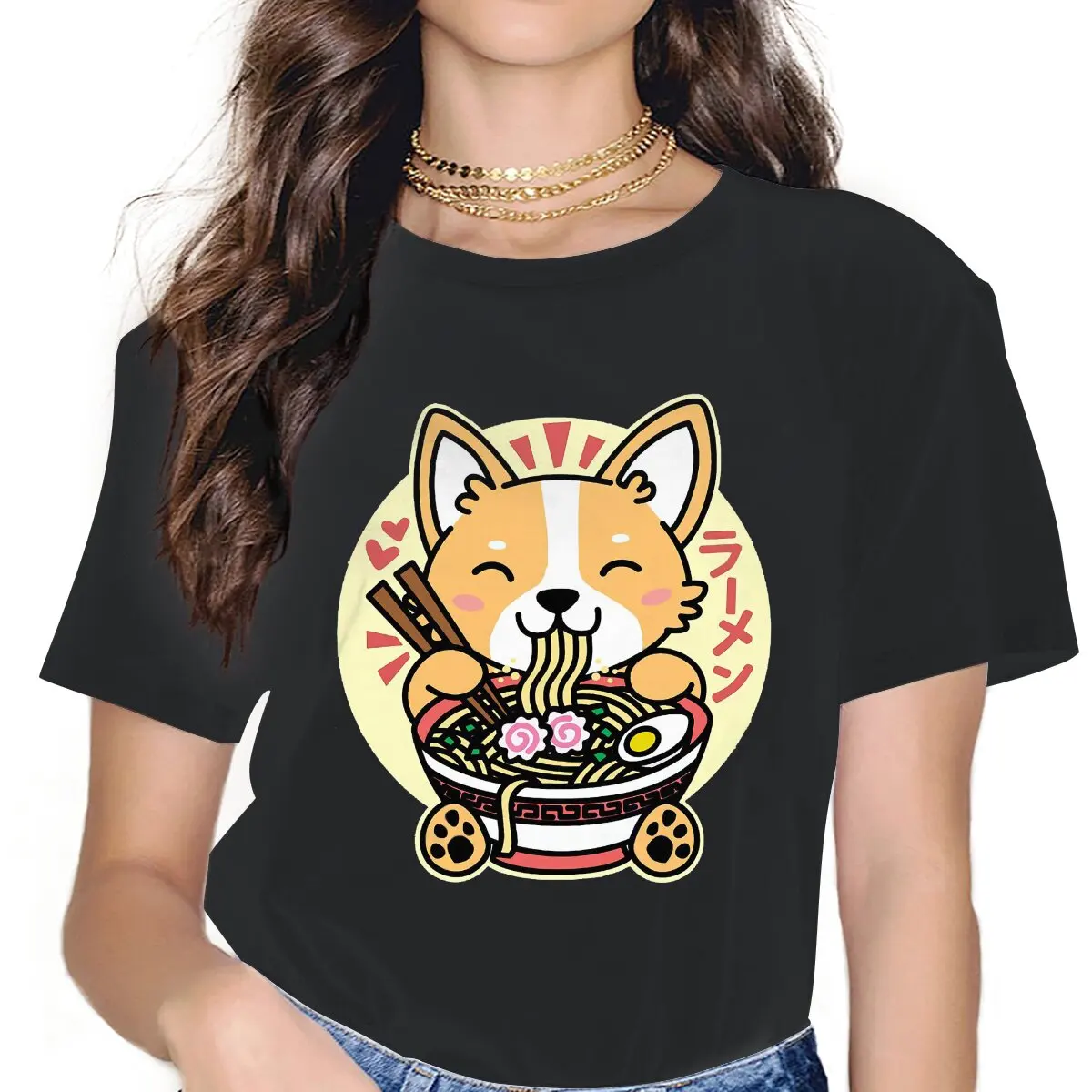 

Funny Eating Ramen Cute Kawaii Noodles T-Shirts for Women Crewneck Cotton T Shirts Corgi Short Legs Dog Short Sleeve Tees