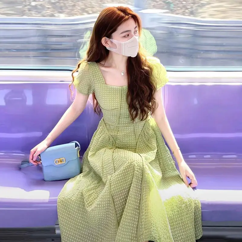 

Женское приталенное платье с квадратным вырезом, клетчатое платье с пышными рукавами и высокой талией, модель X84 в Корейском стиле на лето, ...