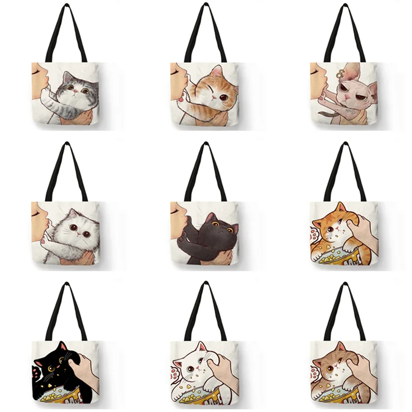 

Funny Cute Kissing Cat Print Casual Tote Bag Eco Linen Cloth Handbag Women Ladies Large Reusable Shopping Bag For Outdoor Beach