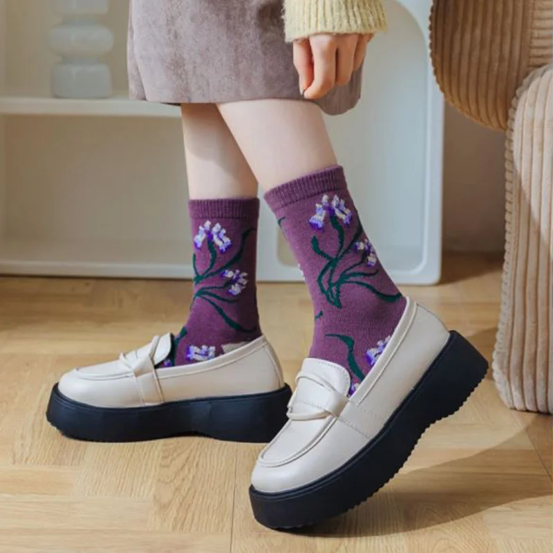 5 Pair Cashmere Purple Flowers Print Women Socks Street Style Cute Long Winter Wool Socks Fashion Comfortable Skateboard Cycling