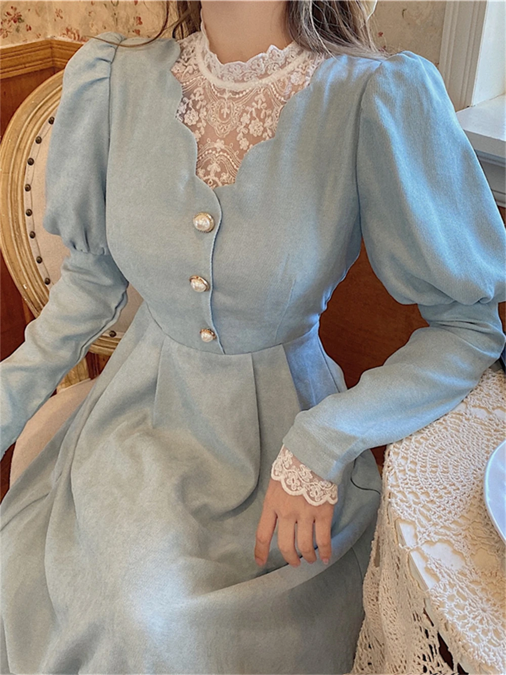 

Women Vintage Elegant Dress French Style Lace Casual Slim Fit Dresses Female Sweet Fashion High Waist Femme Robe Vestidos