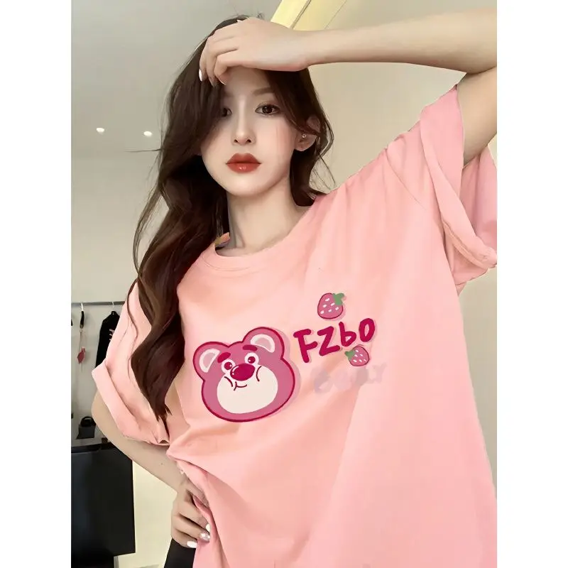 

2023 Cotton Strawberry Bear Print Short-sleeved T-shirt Female Summer New Loose Sweet Spicy Girl on Clothes