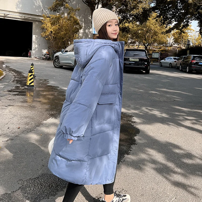 2022 Winter New Womens Long Cotton Padded Clothes Loose Fashion Hooded Black Coats Down Jacket Thick Black for Women Clothing