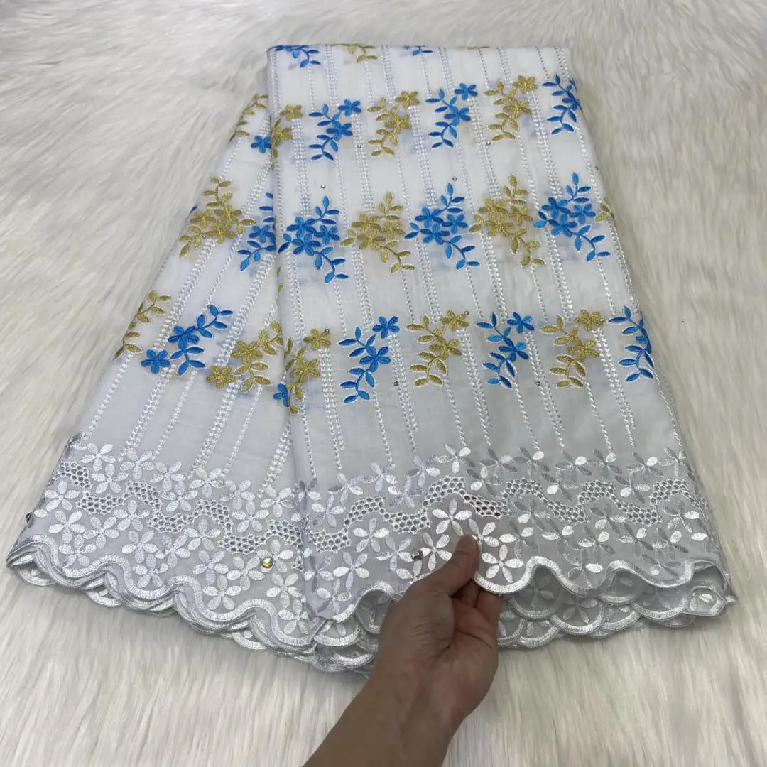 

White Swiss Voile Lace Fabric 2023 5Yard Leaf Embroidered African Cotton Lace Fabric With Stone For Womon Party Dress Sew LT2333