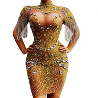 tassel dress women gold sparkle crystal rhinestones high neck nude sexy evening party bar club clothing drag queen outfit