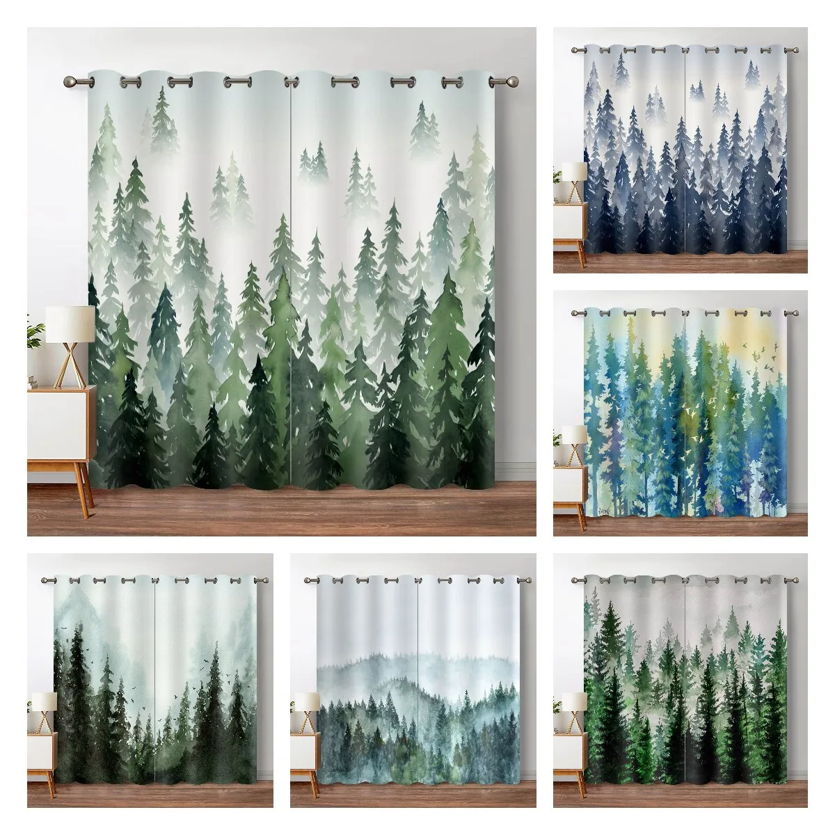 

Green Forest Window Curtains Watercolor Tree Silhouette Nature Landscape Printed Blackout Curtain for The Bedroom Living Room