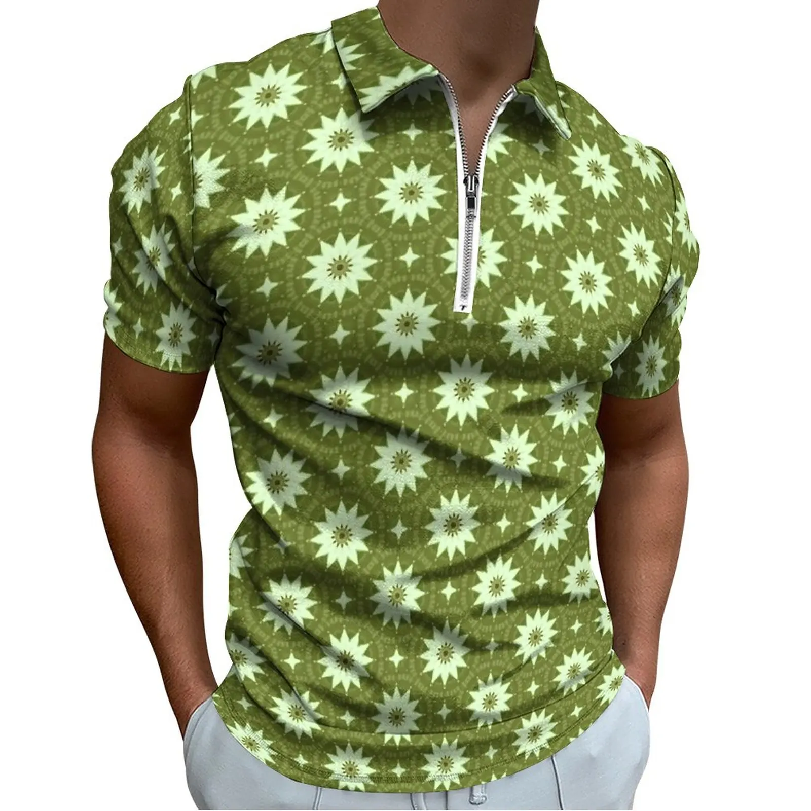 

Ditsy Floral Polo Shirts White Flowers Casual Shirt Summer Aesthetic Men Short Sleeve Zipper Graphic T-Shirts