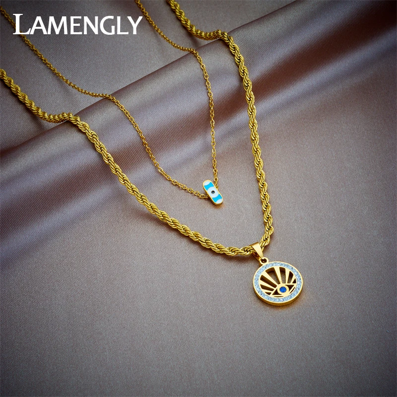 

LAMENGLY 316L Stainless Steel 2-Layer Round Eye Pendant Necklace For Women Girl New Clavicle Chain Non-fading Jewelry Gift Party