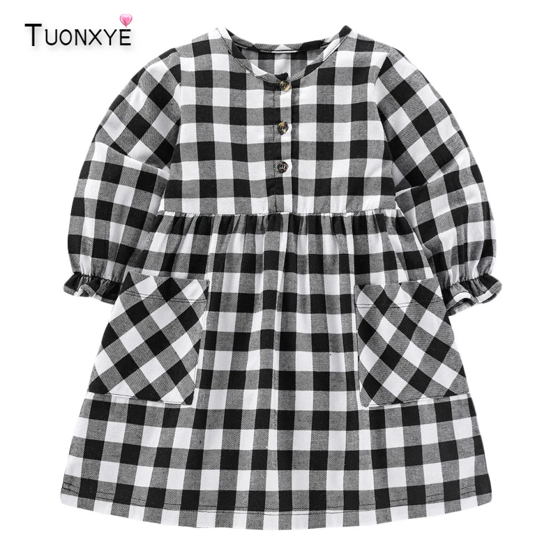 

TUONXYE Girls Long Sleeve Plaid Dress Cotton Casual Pocket Soft Knitting Button Breathable Princess Dresses 2-7years