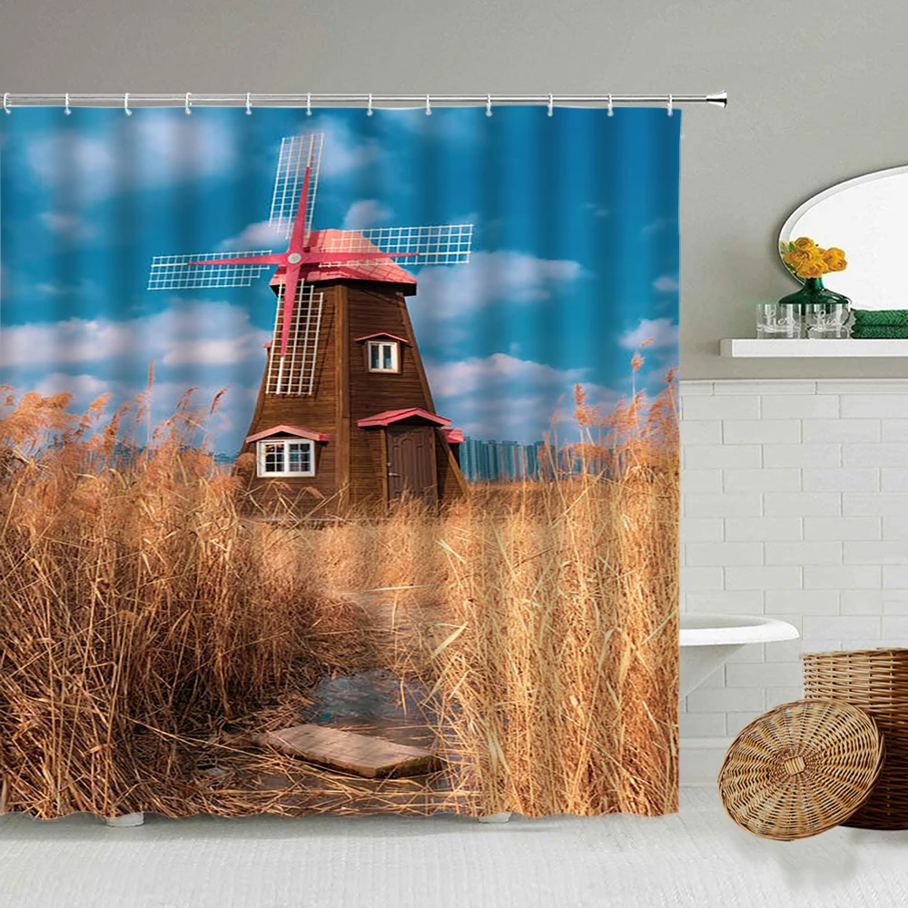 

Farm Western Barn Windmill Shower Curtain Set Rustic Country Farm Natural Scenery Polyester Fabric Bathroom Decor Curtains Hooks