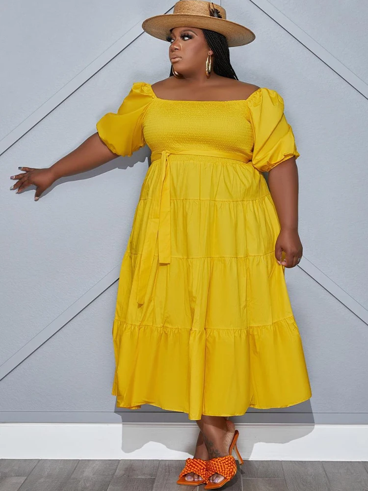 

ZJFZML ZZ Plus Size Dresses Women's Clothing Slash Neck Short Sleeve Pleated Maxi Dress Summer Yellow White Bohemian Vestidos