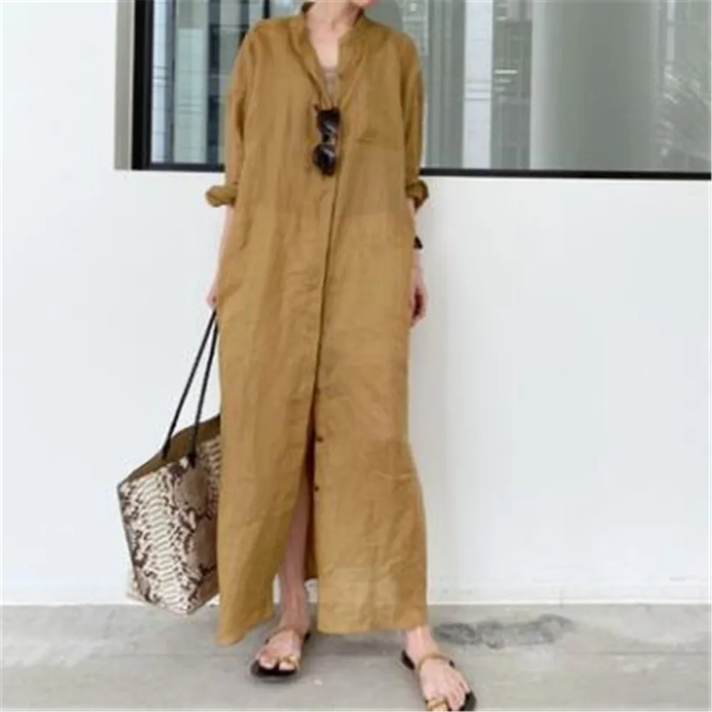 

Dress New Japan Korean Solid Color Temperament Autumn Solid Color Linen Loose Linen Dress Blouse Long Skirt Long Sleeve 2022