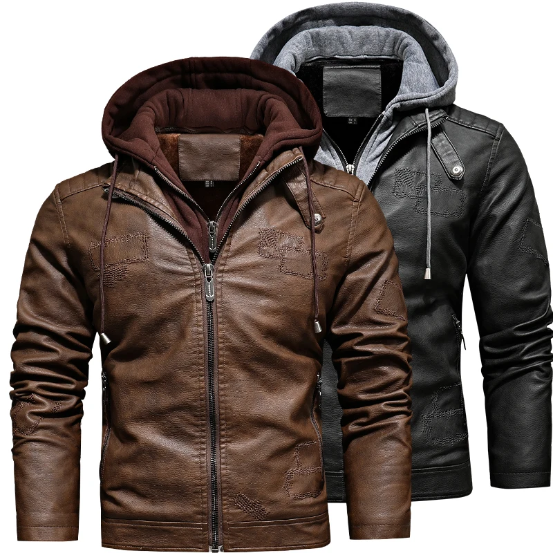Men's Removable Hooded PU Leather Jacket Youth Retro Slim Fit TOP