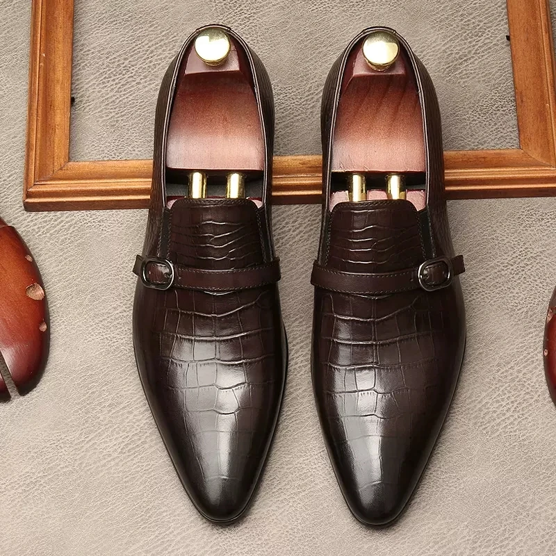 

Crocodile Pattern Oxford Shoes For Men Genuine Leather Slip On Brown Loafers Men Pointed Toe Black Formal Elegant Dress Shoes
