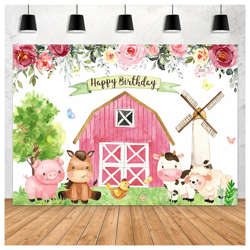 

Cartoon Pink Floral Farm Animal Red Barn Tree Windmill Kids Cowboy Girl Backdrop Baby Shower Birthday Party Banner Booth Decor