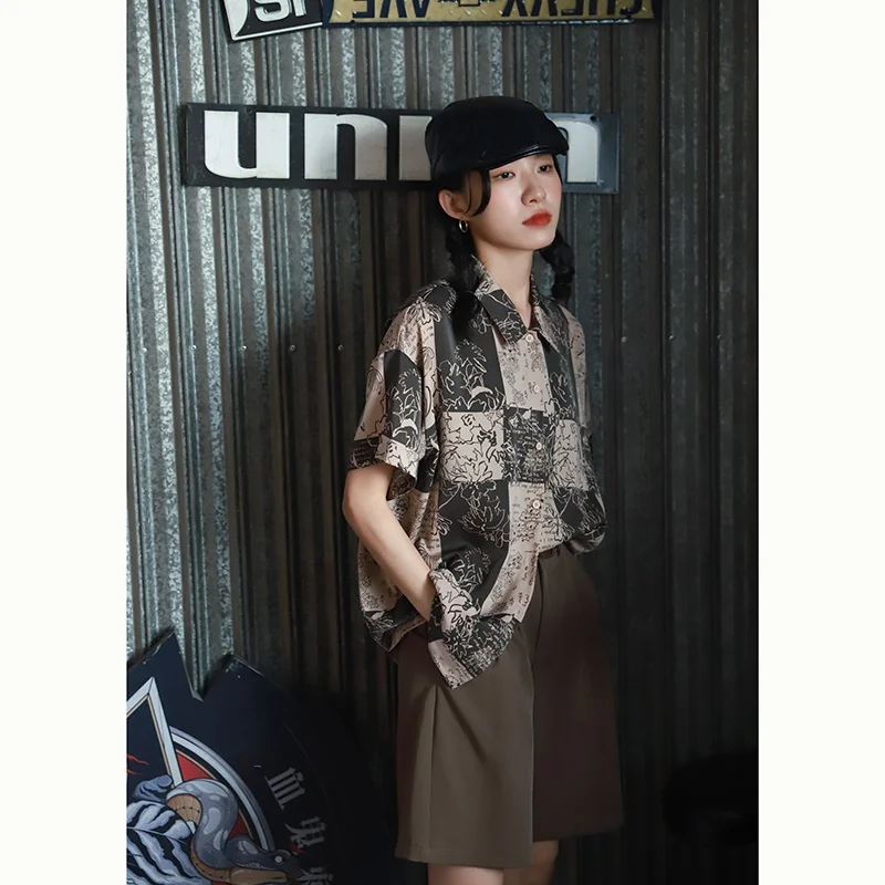 Винтажная винтажная рубашка с принтом Кубы коротким рукавом в гонконгском стиле