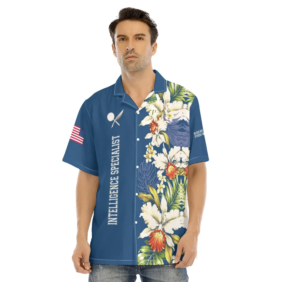 

New Men Hawaiian Shirt Cool American Style Army Logo Print Summer Vacation Beach Style US Size Cuban Collar Aloha Tops