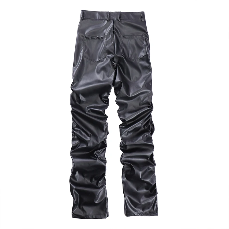 Hip Hop Mens Pleated Pu Leather Pants Harajuku Retro Streetwear Loose Ruched Casual Trousers Straight Solid Color Black Pants images - 6