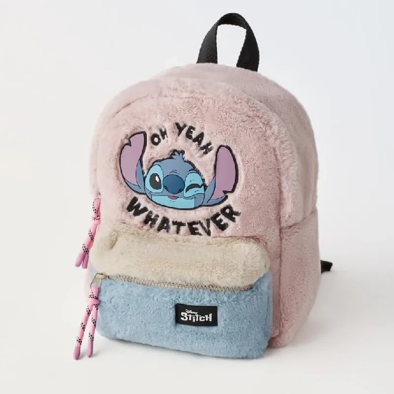 

New Disney Kawaii Anime Children's Leather Pink Big Ears Alien Plastic Color Block Backpack Winter Plush Portable Casu