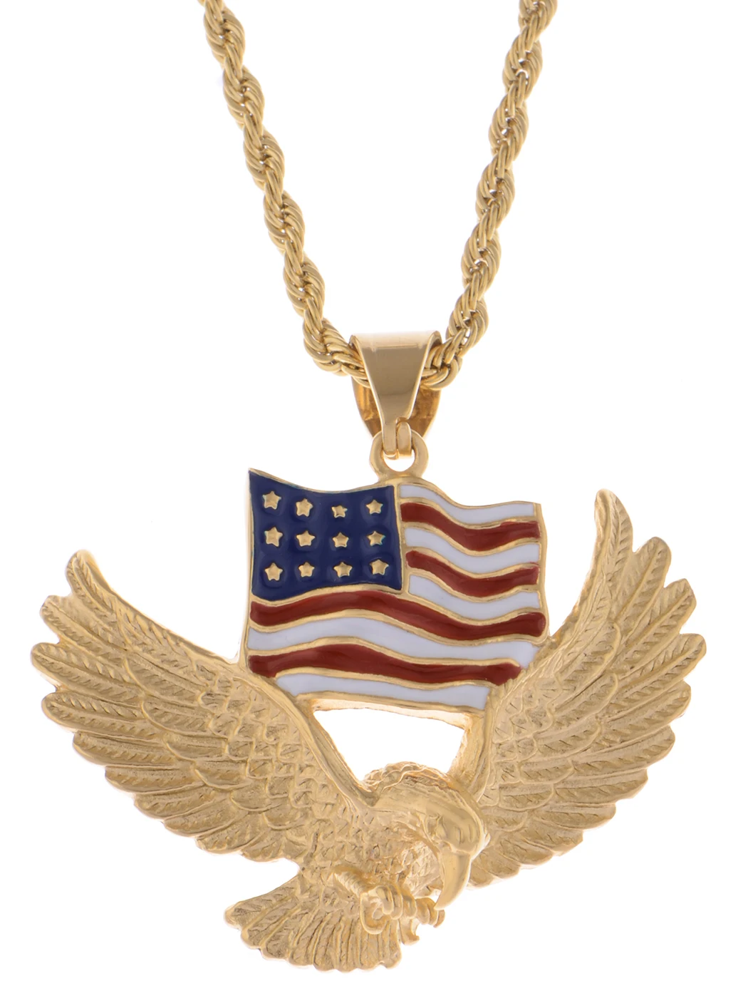 

Gold Plated 4th of July American Patriotic USA Flag Eagle Army Pendant Necklace