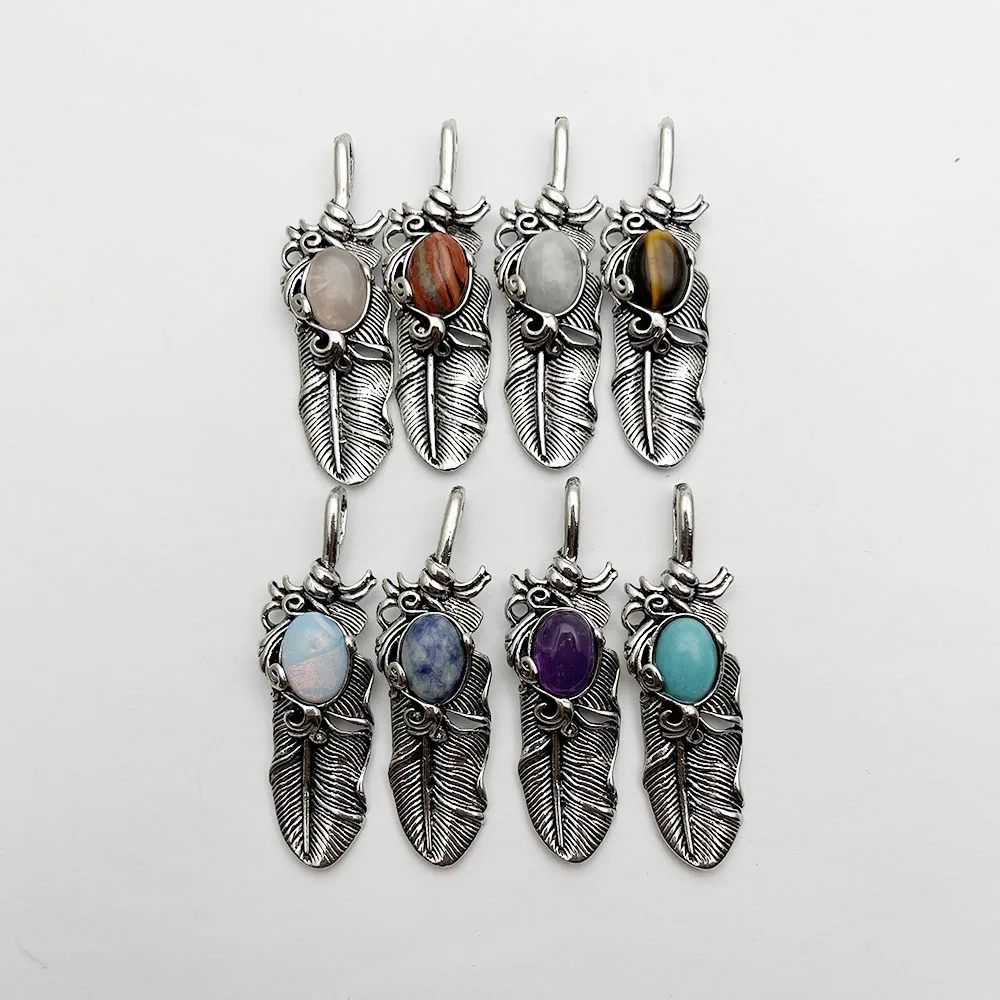 

fashion Good quality leaf Natural Stone amethyst Tiger eye plating Silver necklace Pendant Jewelry Making charm Accessories 8pc