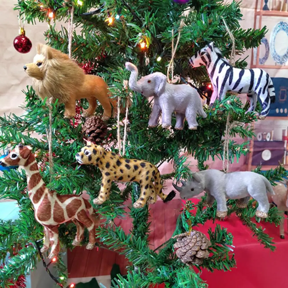 

Christmas Pendant Simulation Animal Model Cute Giraffe Zebra Mini Lion Elephant Model Ornament Xmas Tree Pendant New Year Gifts