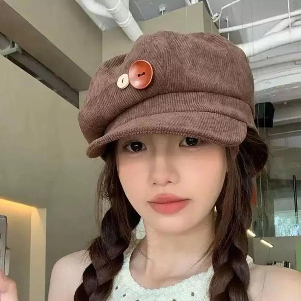 Фото Модная женская кепка-берет Y2K с двойной застежкой, в японском стиле JK, из вельвета, ветрозащитная, теплая, в стиле художника №3