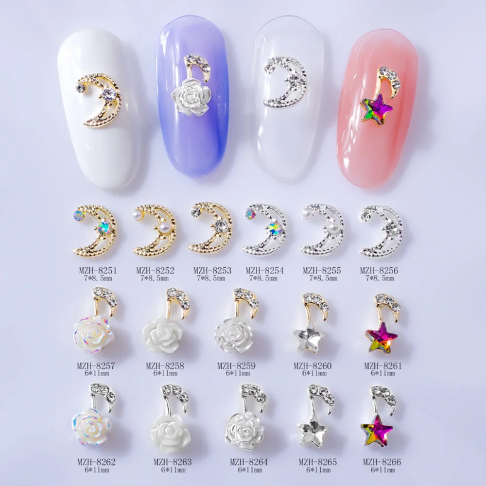 

Nail Stars Moon Pearl Jewelry, Japanese Simple Bent Moon Camellia Nail Art Gold Luxury Alloy Diamond Charms Manicure Diy Parts